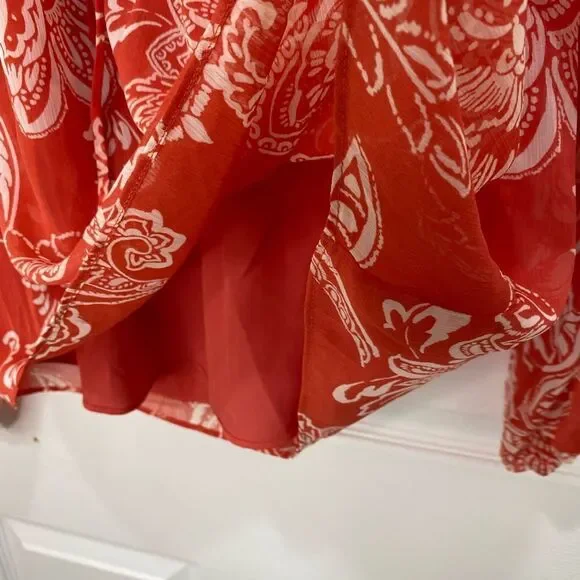 Evereve orange and white floral print long sleeve tie front top, size x small - Picture 4 of 12